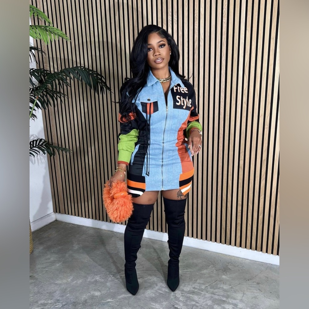 Haute denim bomber dress (Denim multi) IG: Kayandco_